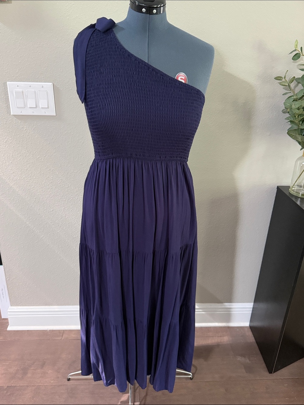 Asymmetric One-Shoulder Navy Blue Maxi Dress with Tie Detail